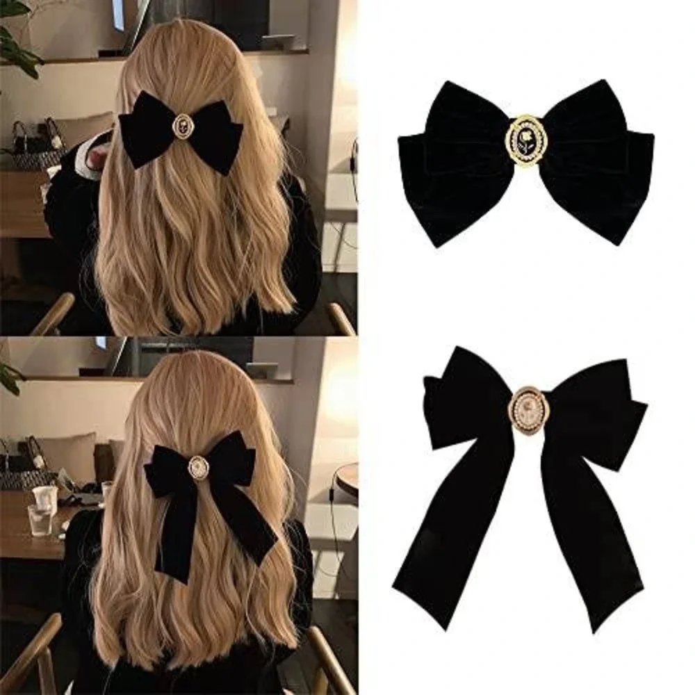 Black Velvet Hair Bow Clip Vintage Gold Cameo Coquette Hair Accessory‎